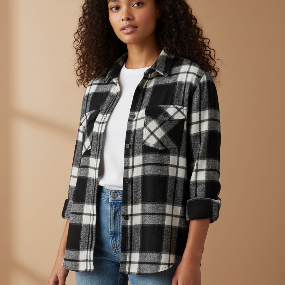 J. Crew Women's Plaid‎ Flannel Button-Up Shirt Black Size S Casual